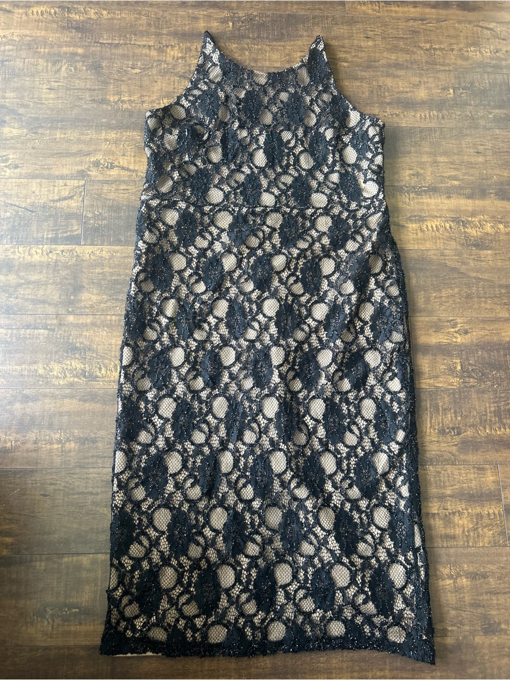 le chateau Black Lace Midi Dress with Nude Lining